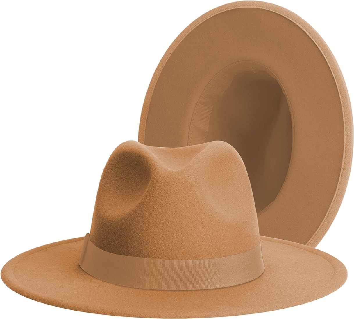 Classic Wide Brim Fedora for Women Men Two Tone Fedora with Band Adjustable Felt Panama Hat | Amazon (US)
