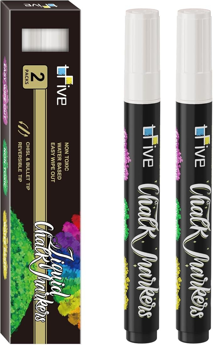 TFIVE White Liquid Chalk Markers - 2 Pack Bright Colors Erasable Chalk Marker Pens, Reversible Ti... | Amazon (US)