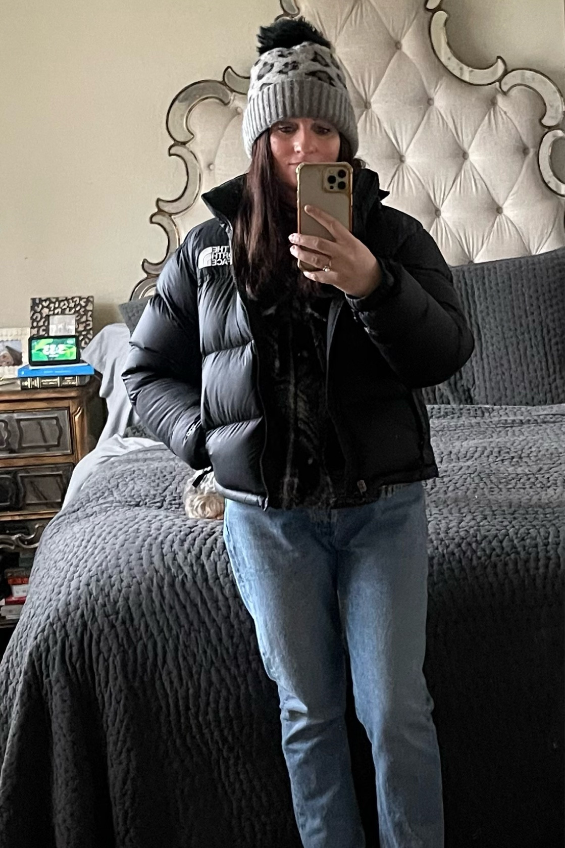 Cozy winter outfit. The North Face 1996 Retro Nuptse Jacket. Black puffer jacket. Winter athleisure outfit. Fleece shacket on sale. Agolde straight denim jeans. Leopard print beanie. Casual winter beanie. Casual winter outfit. Bedroom mirror outfit ❤️

#LTKFind #LTKstyletip #LTKSeasonal