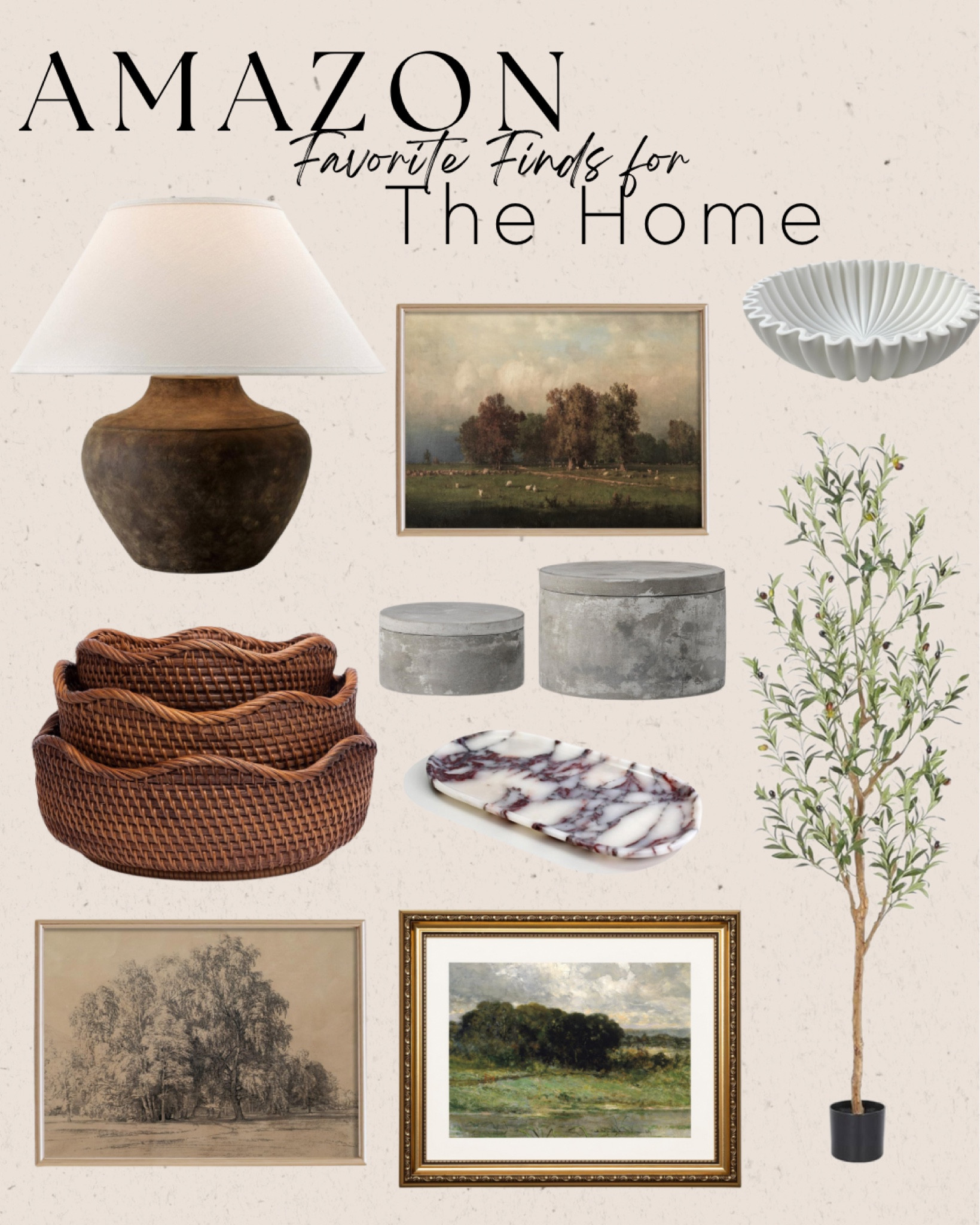 Amazon home decor favorites! 

Organic, rustic table lamp
Woven baskets, set of three
Vintage inspired framed artwork and prints
Concrete decorative containers
Marble dish
Faux olive tree
Scalloped white ceramic decorative dish. 

Fantastic finds for your living room, home office, sitting room, bedroom, etc! 

#LTKSaleAlert #LTKHome #LTKFindsUnder100