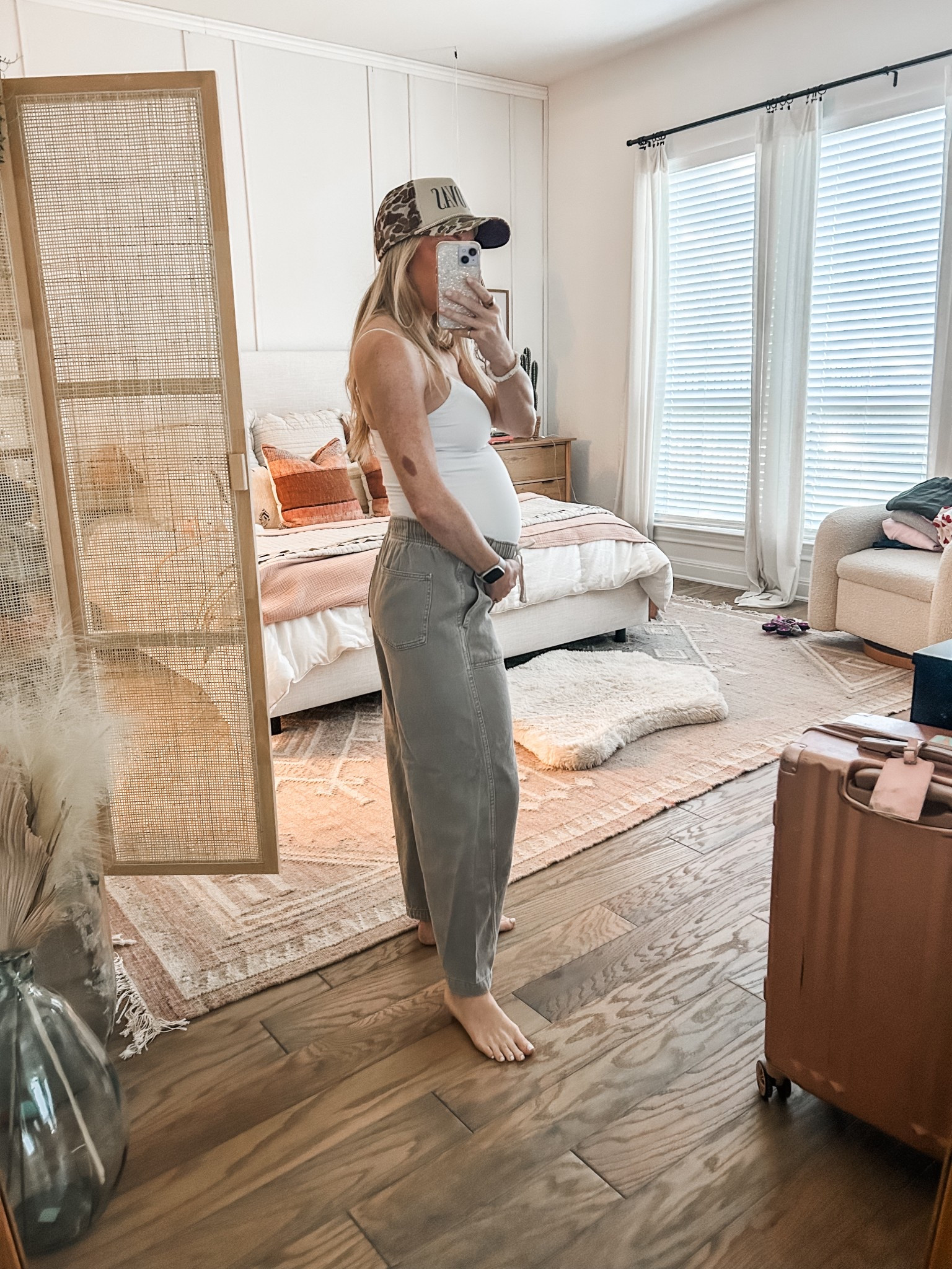 causal bump outfit - pull on denim mid rise pants that are bump friendly - cami bodysuit - size small in all - camo trucker hat

#LTKBump #LTKSaleAlert #LTKStyleTip