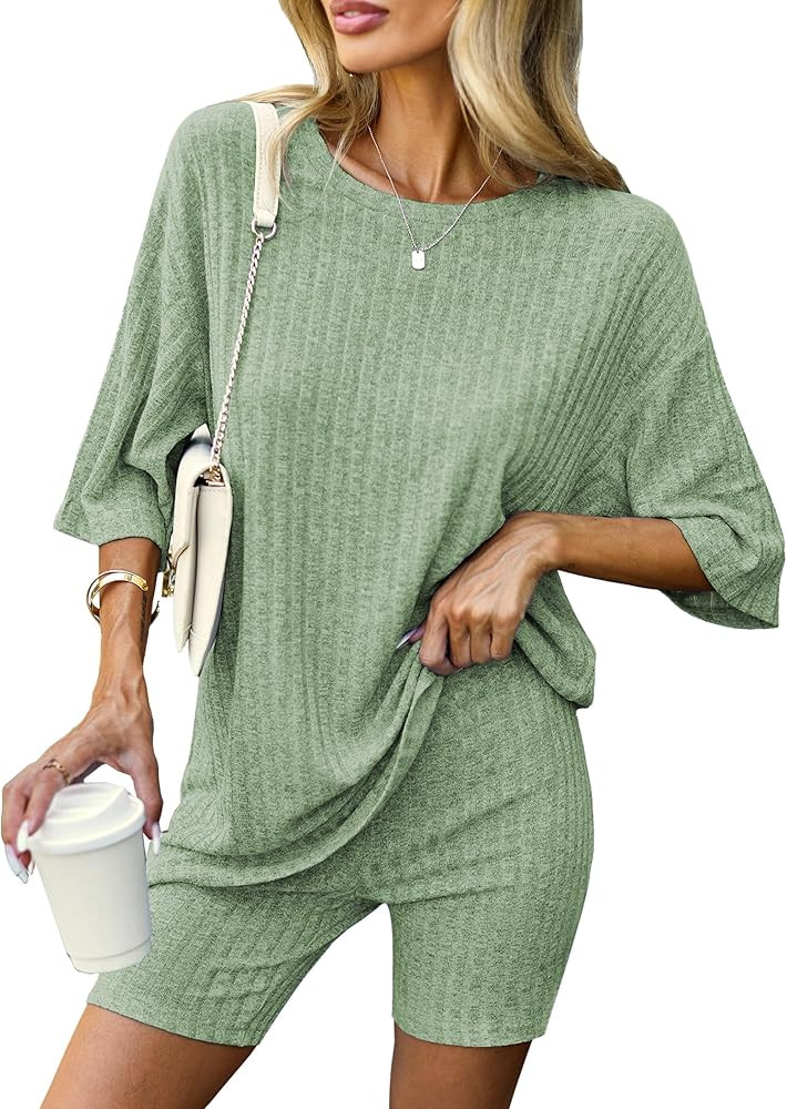 Ekouaer Pajamas 2 Piece Lounge Sets Ribbed Knit Matching Outfits T-shirt Biker Shorts Sleepwear L... | Amazon (US)