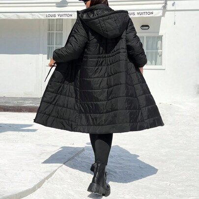 Plus Size Women's Winter Warm Long Sleeve Hooded Long Casual Coat, Black | SHEIN