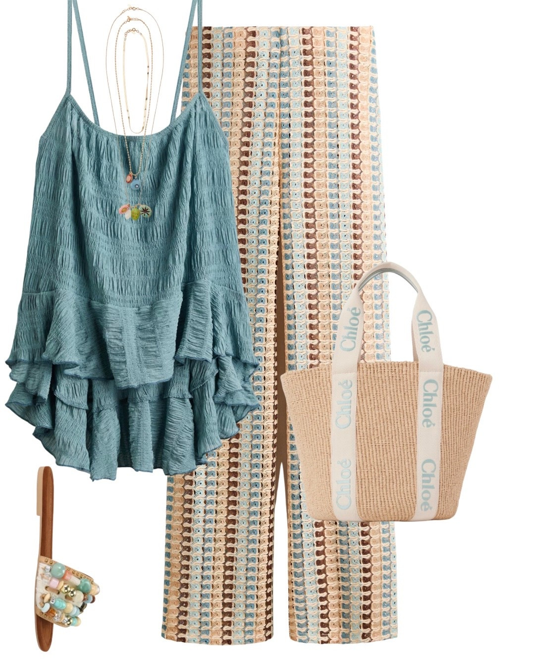 Flowy turquoise strappy top, pull on knit strip trousers, Chloe tote bag and beaded slide sandals.
Summer look, holiday outfit, H&M style, high street, affordable, vacation look

#LTKuk #LTKsummer #LTKeurope