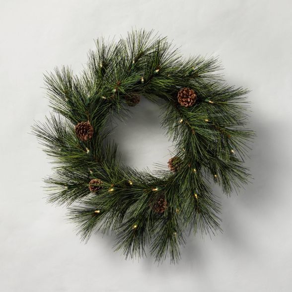 24" Indoor/Outdoor Pre-Lit LED Faux Pine Wreath with Pinecones - Hearth & Hand™ with Magnolia | Target
