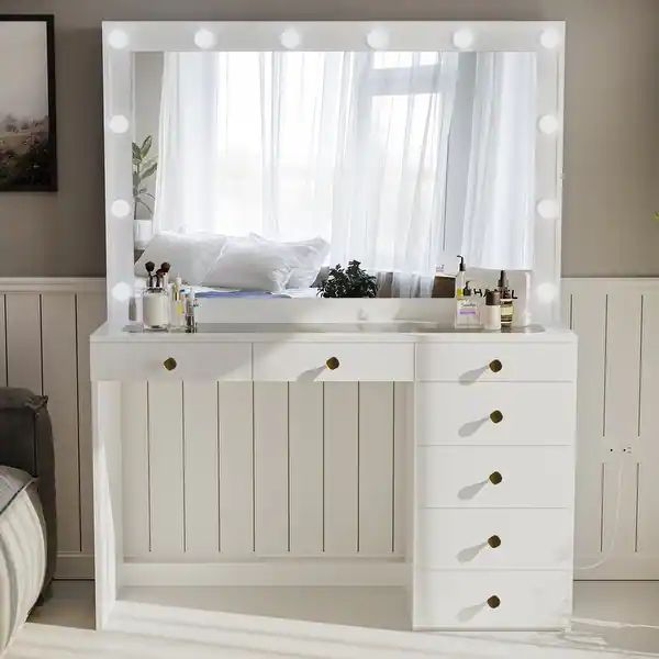 Boahaus Serena Lighted Vanity with Glass Top (White) | Bed Bath & Beyond