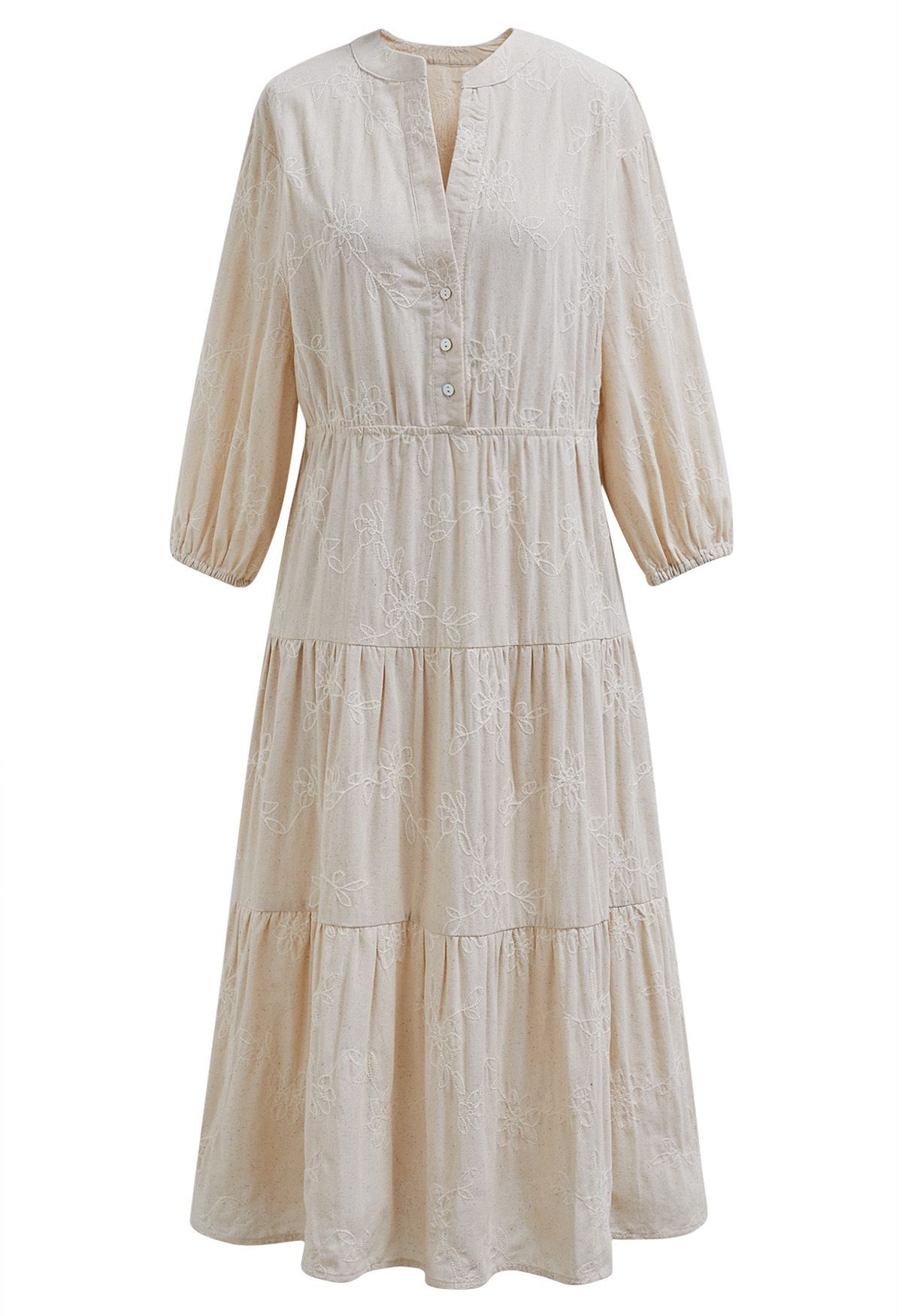 Floral Embroidery Elbow Sleeves Linen Dress | Chicwish