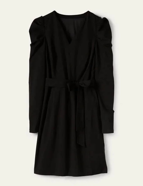 Puff Sleeve Belted Ponte Dress - Black | Boden US | Boden (US)