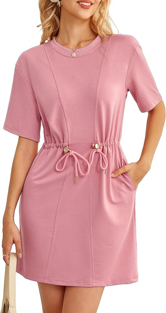 Kikibell Womens Summer Dresses Crewneck Sweatshirt Mini Dress with Pockets Drawstring Waist Short... | Amazon (US)