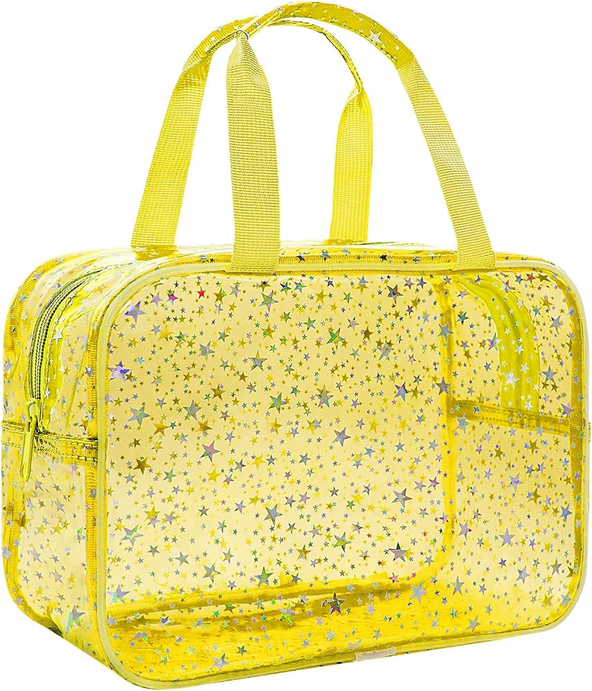 Clear Yellow Star Large Makeup Bag with Star Pattern 12x5x8 inch, Travel Cosmetic Bag with Handle... | Amazon (US)