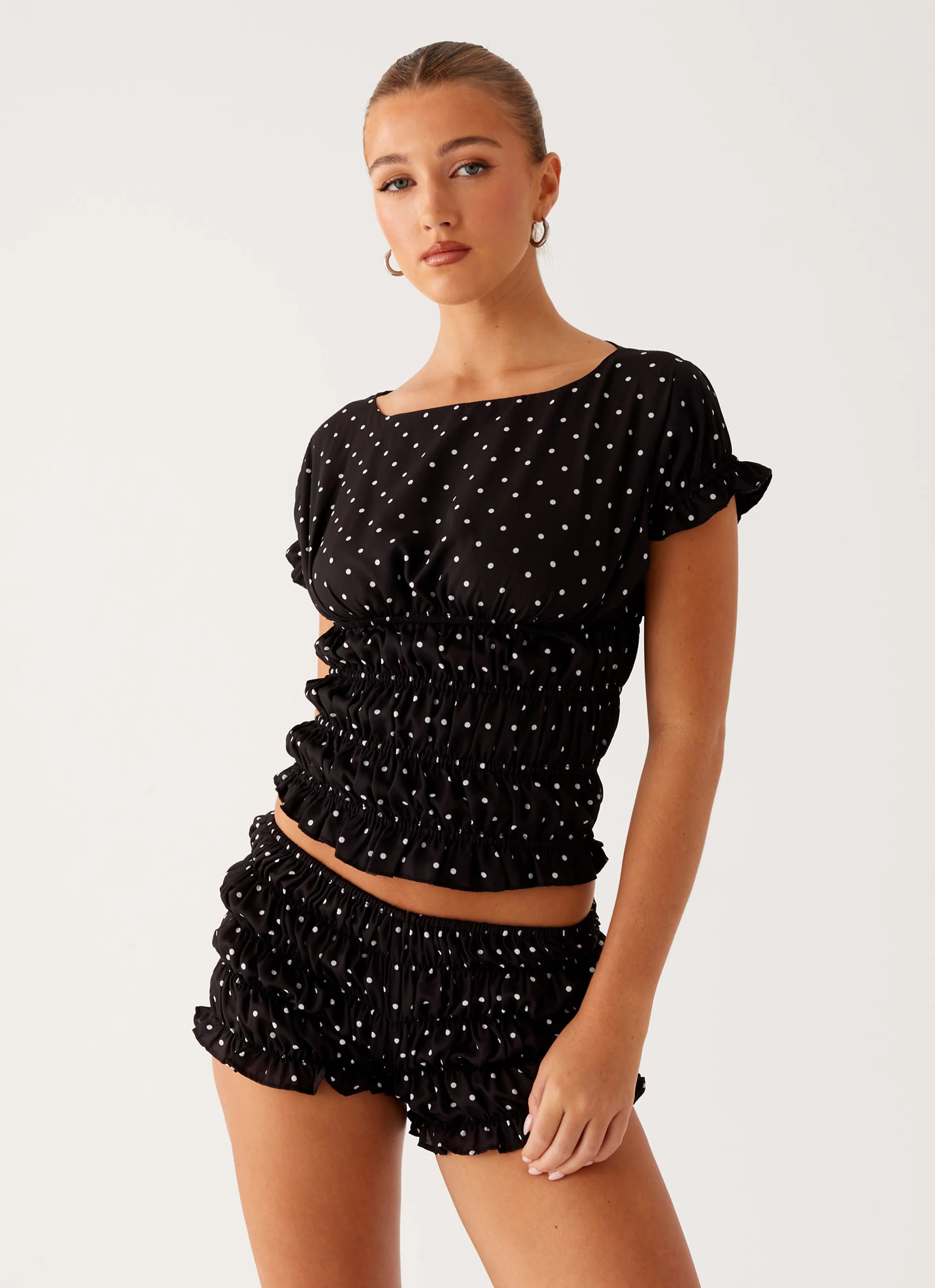Natalia Ruched Top - Black Polka Dot | Peppermayo (Global)