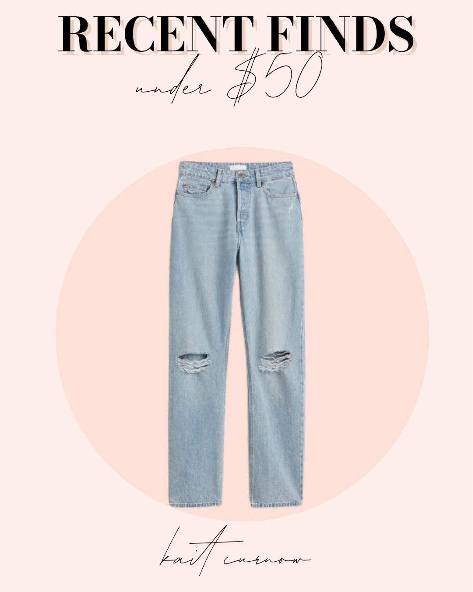 Recent finds under $50! These H&M jeans are only $29!! I love the distressed knees and button fly! I have a size 2 and they’re true to size - high waist and no stretch 

#LTKunder50 #LTKstyletip #LTKunder100