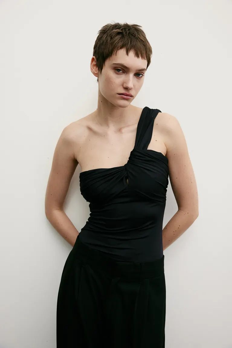 One-shoulder Thong Bodysuit - Asymmetric Neckline - Sleeveless - Black - Ladies | H&M US | H&M (US + CA)