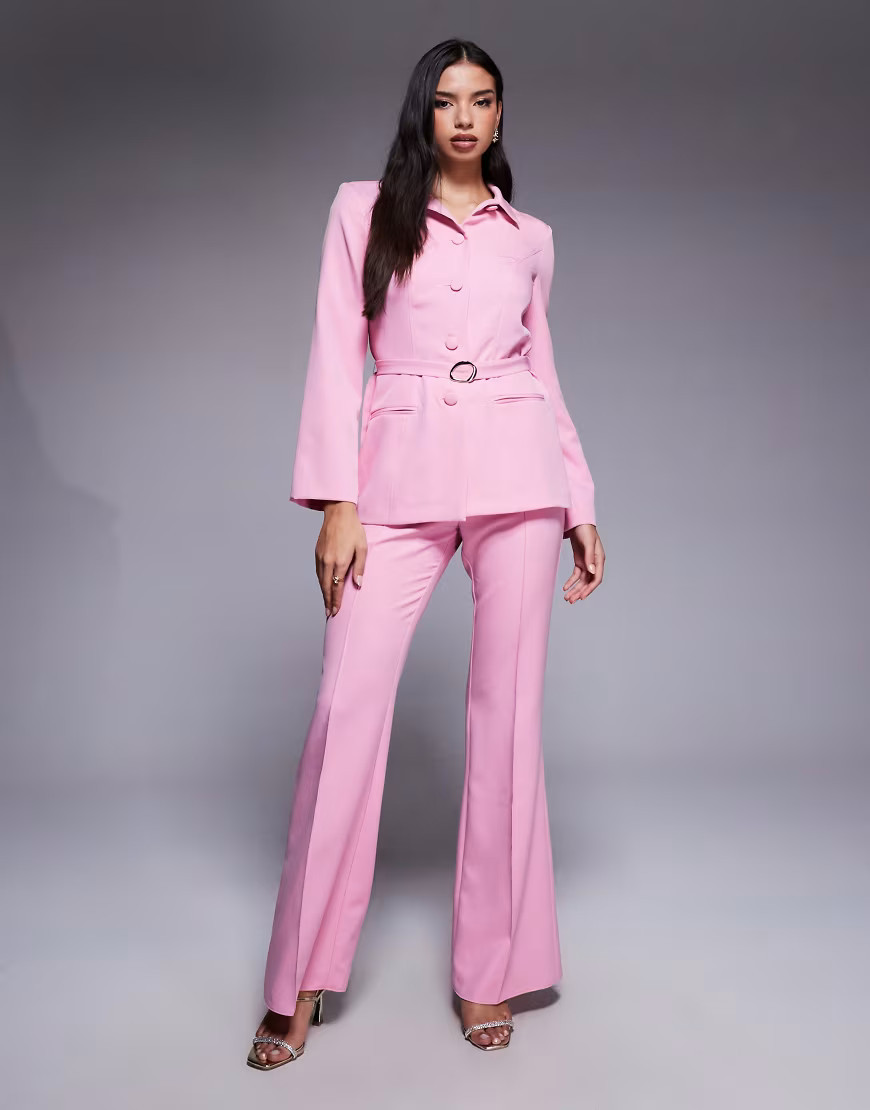 ASOS LUXE collared button down blazer with belt in pink - part of set | ASOS (Global)