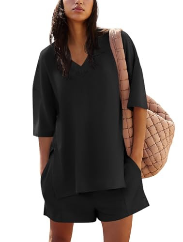 Yousify Womens 2 Piece Set Athleisure Sets Women Casual Outfits for Women Oversized Shirts for Women Black XXL | Amazon (US)