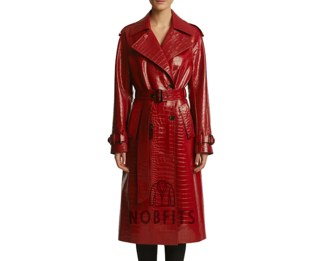 Red Croc Faux Leather Trench Coat – Glossy Double Breasted Overcoat - Etsy Canada | Etsy (US)