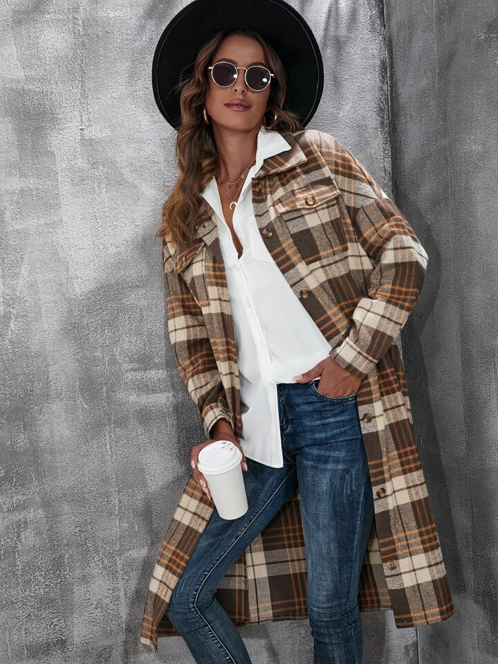 Plaid Flap Pocket Drop Shoulder Overcoat | SHEIN USA | SHEIN