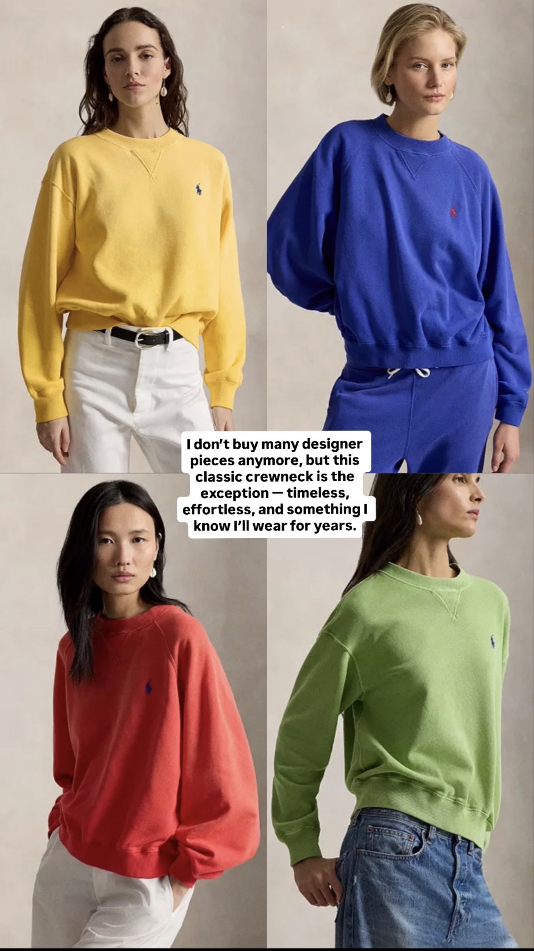 I don’t buy many designer pieces anymore, but this classic Polo Ralph Lauren crewneck is the exception. The fit is perfectly oversized without feeling sloppy — wearing a medium and already know this is one I’ll keep reaching for year after year.

#LTKOver40 #LTKmomlife #LTKgrwm