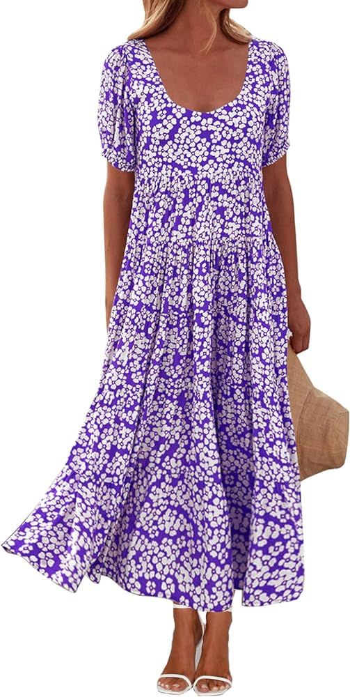 PRETTYGARDEN Womens Dresses 2024 Puff Sleeve Floral Casual Summer Dresses Smocked Backless Beach ... | Amazon (US)