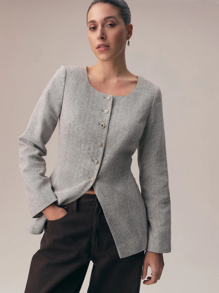 Mole Linen Rich Herringbone Collarless Jacket | Next US