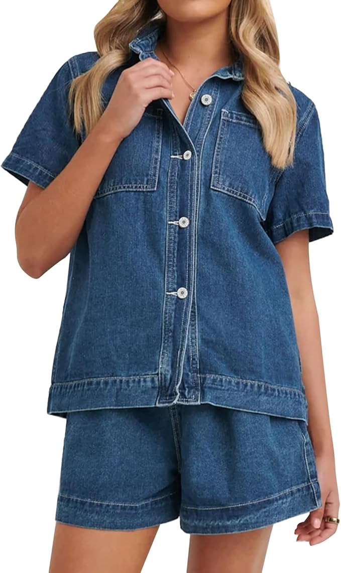 Kedera Summer Denim Set for Women 2 piece Casual Short Sleeve Boxy Shirt Tops and Shorts Pants Lo... | Amazon (US)