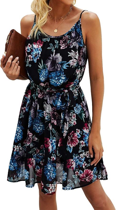 PRETTYGARDEN Women’s Summer Spaghetti Strap Dresses Floral Print Crewneck Sleeveless Ruffle Min... | Amazon (US)