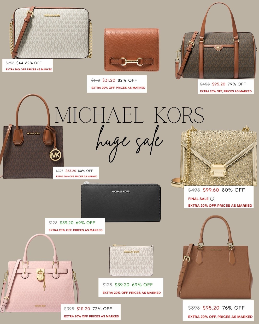 Michael kors is having a huge sale. 

Extra 20% off alot of them. Tons of markdowns. 

Hand bag
Purse 
Weekender 
Wallet 

#LTKHoliday #LTKSaleAlert #LTKGiftGuide