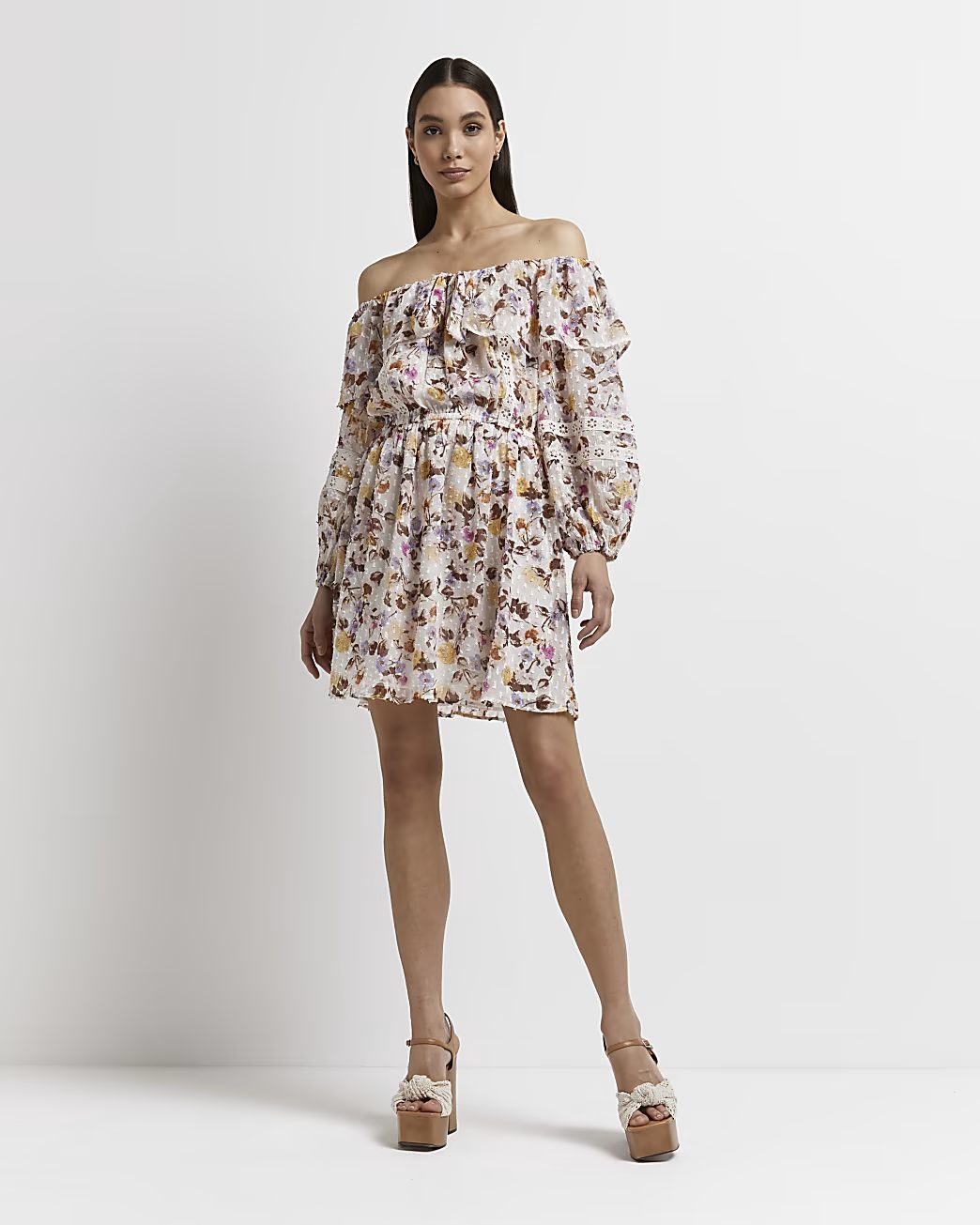 Cream floral bardot mini dress | River Island (UK & IE)
