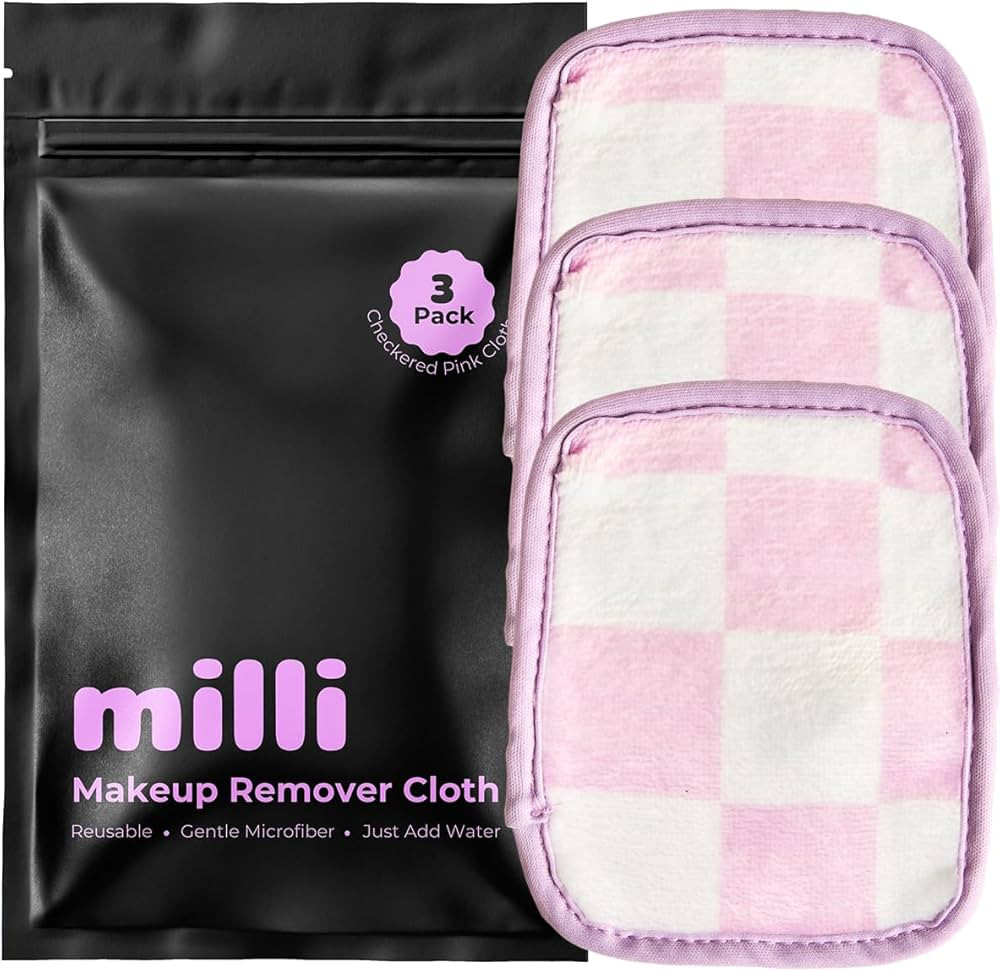 Makeup Remover Cloth - Set of 3 Pink and White Checkered Reusable Microfiber Cleansing Cloths to ... | Amazon (US)