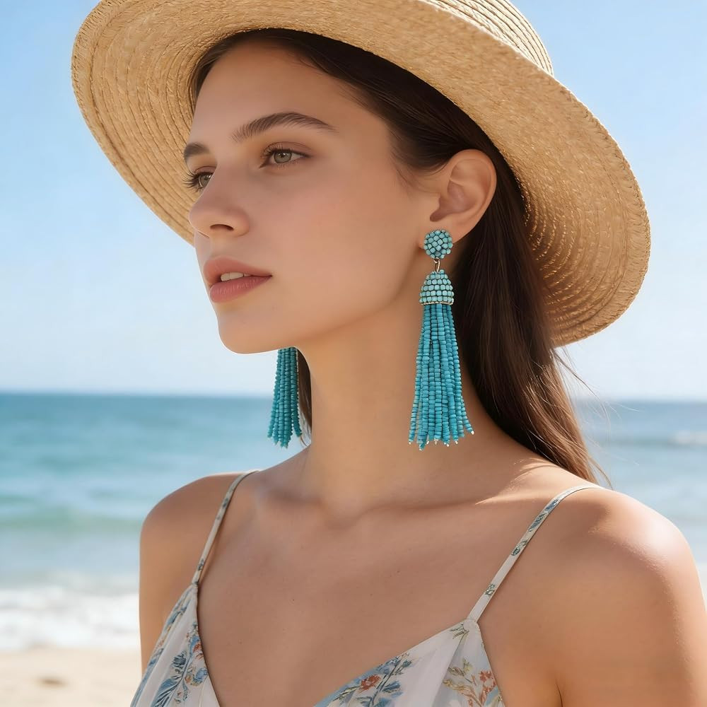 NLCAC Women's Beaded tassel earrings Long Fringe Drop Earrings Dangle 6 Colors | Amazon (US)