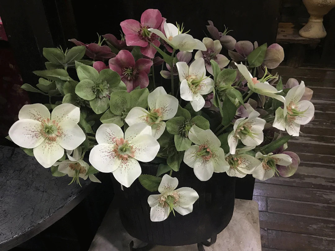 Artificial Lenten Rose With Foliage, Faux Helleborus Niger Flower Stem, Home Floral Decor, Indoor... | Etsy (US)