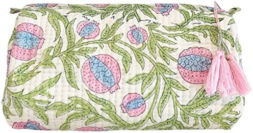 Block Print Designer Toiletry Bag & Makeup Case - Boho Floral Quilted Pouch for Cosmetics | Amazon (US)