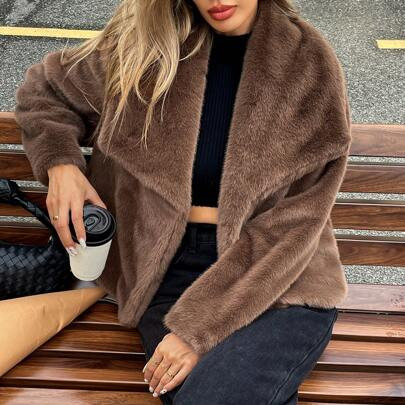 Brown Fur Coat Chocolate Brown Essence Brown Fluffy Long Sleeve Casual Jacket | SHEIN