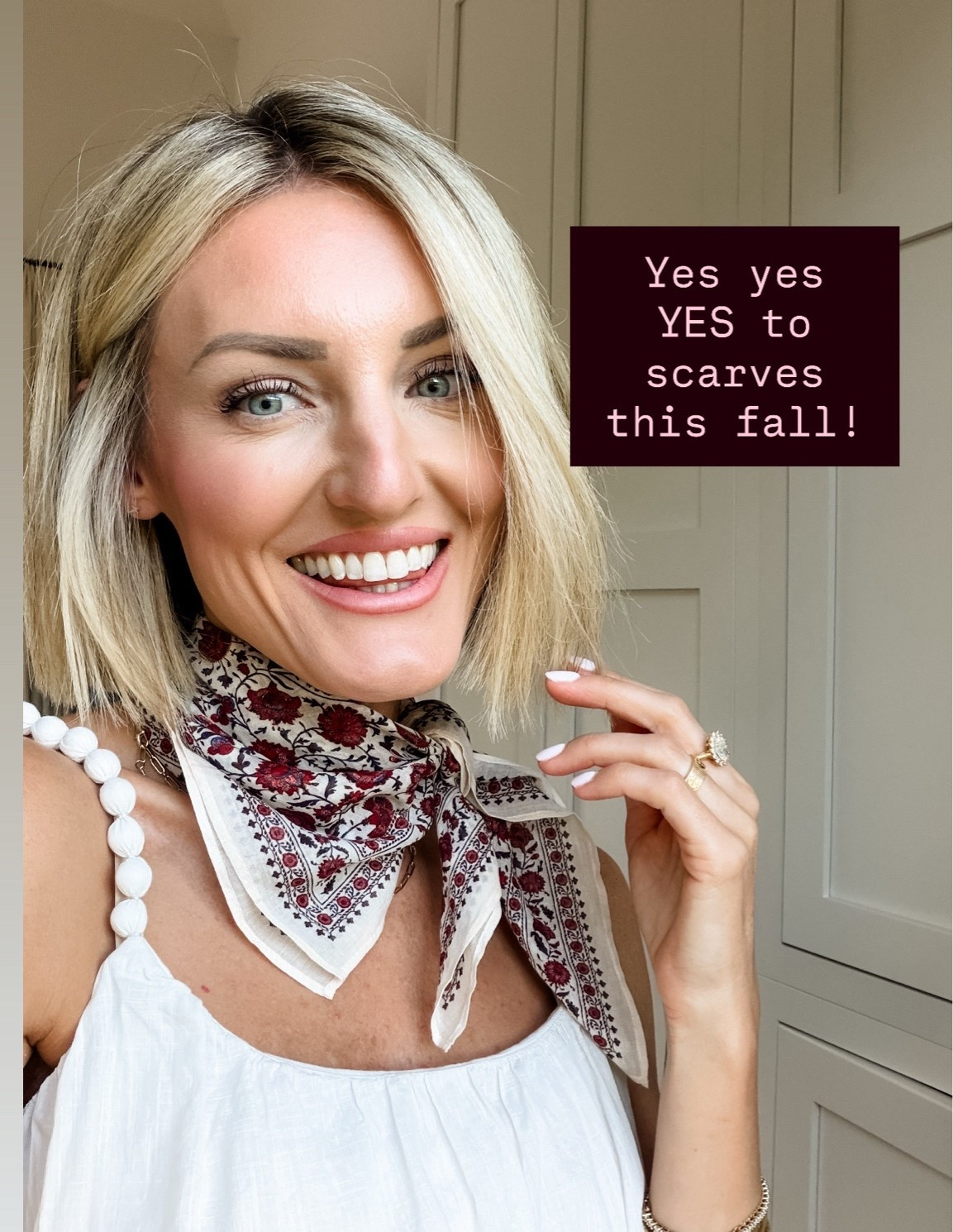 I am such a big fan of styling scarves! They are the perfect pop of color/pattern, and truly elevate your look!

Loverly Grey, scarf styling, fall scarf, satin scarf, fall accessories