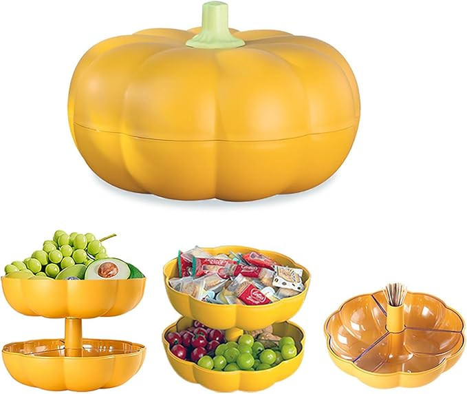Big Pumpkin Snack Holder with Lid, Double Layer Serving Container with 3 Divided Compartments, Ca... | Amazon (US)