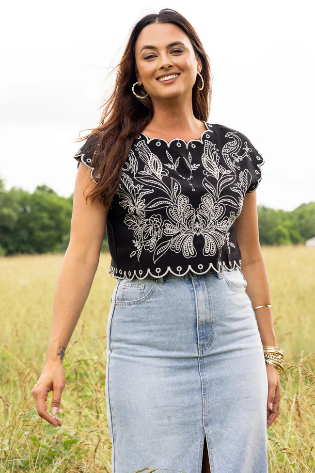 Amaya Cap Sleeve Black Embroidered Woven Top | Pink Lily