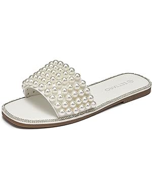 EETTARO Women's Sparkle Pearl Flat Sandals Fashion Square Open Toe Jeweled Slides Slip on Rhinest... | Amazon (US)