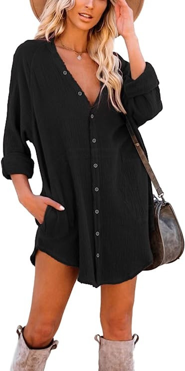 iGENJUN Women's Long Sleeve Button Down Oversized Tunic Dress Shirt Boho Dresses with Pockets | Amazon (US)