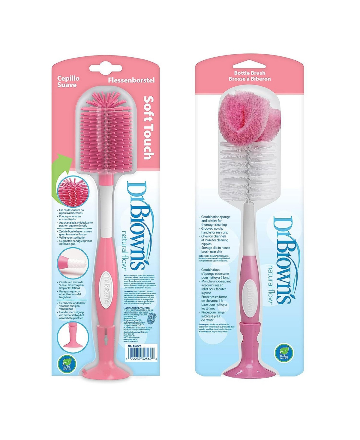 Dr. Browns Baby Dr. Brown's Baby Bottle and Nipple Brush Soft Touch and Sponge Brush, Pink, 2 Pack - Pink | Macy's