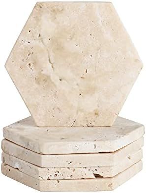 Amazon.com: WORHE Marble Coaster Set of 5 Hexagon, Natural Cream Travertine Stone Drink Coaster f... | Amazon (US)