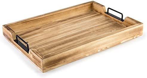 Light Burnt Wood 20-Inch Serving Tray with Modern Black Metal Handles | Amazon (US)