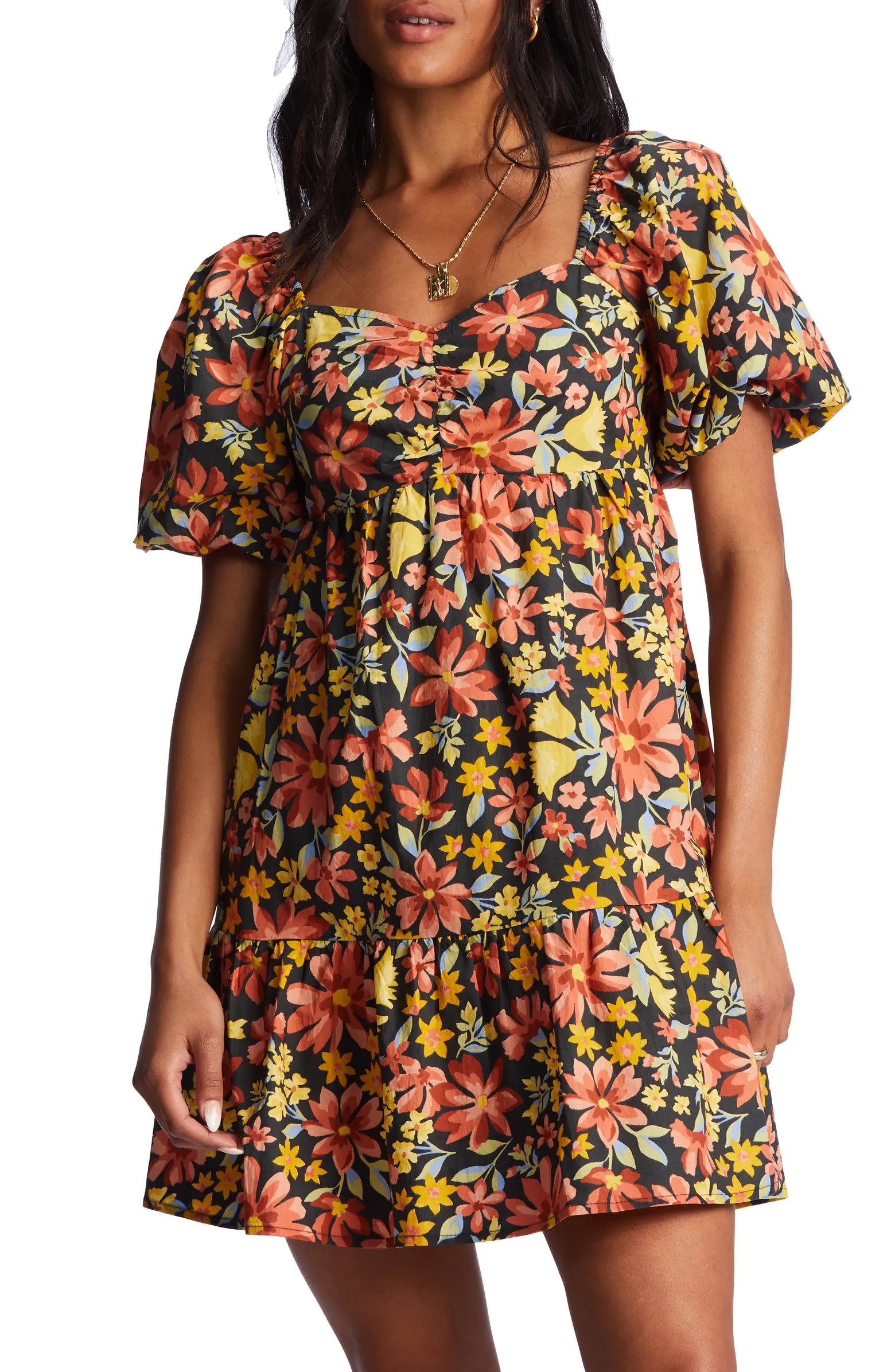 Stay True Ruched Puff Sleeve Cotton Babydoll Dress | Nordstrom