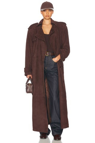 Helsa Suede Trench Coat in Brown | FWRD 