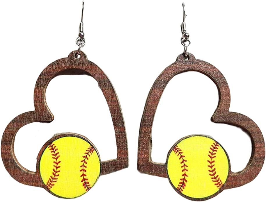 Wooden Sports Ball Earrings Geometric Heart Shaped Hollow Dangle Drop Earring Vintage Baseball Ba... | Amazon (US)