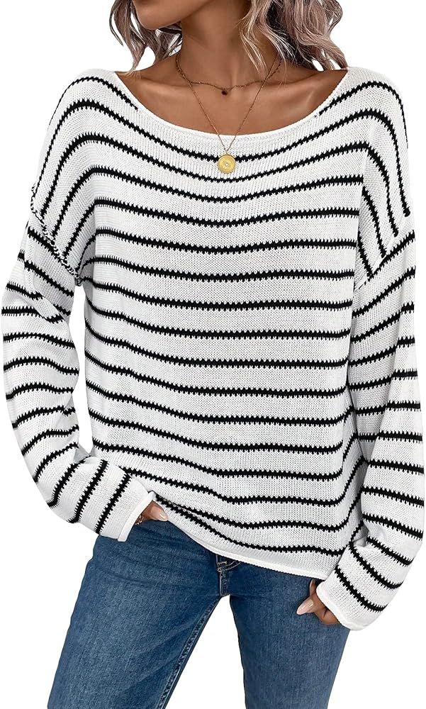 MakeMeChic Women's Striped Sweater Knit Oversized Scoop Neck Drop Shoulder Pullover Sweater | Amazon (US)