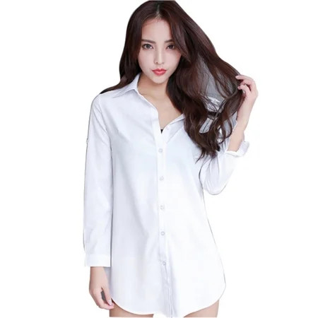 Women White Shirt Dress Spring Summer Fashion 3/4 Sleeve Elegant Solid Color Blouse Office Lady Long | Walmart (US)