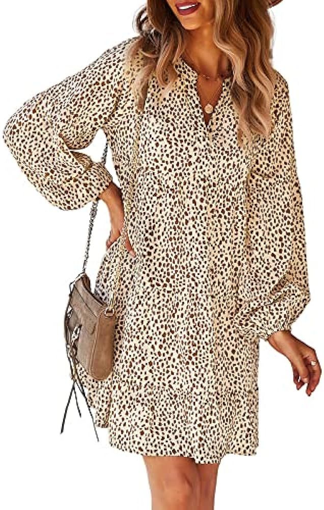 TEMOFON Women's Tunic Dress Leopard Floral Printed Long Sleeve Casual Loose V Neck Ruffle Swing M... | Amazon (US)