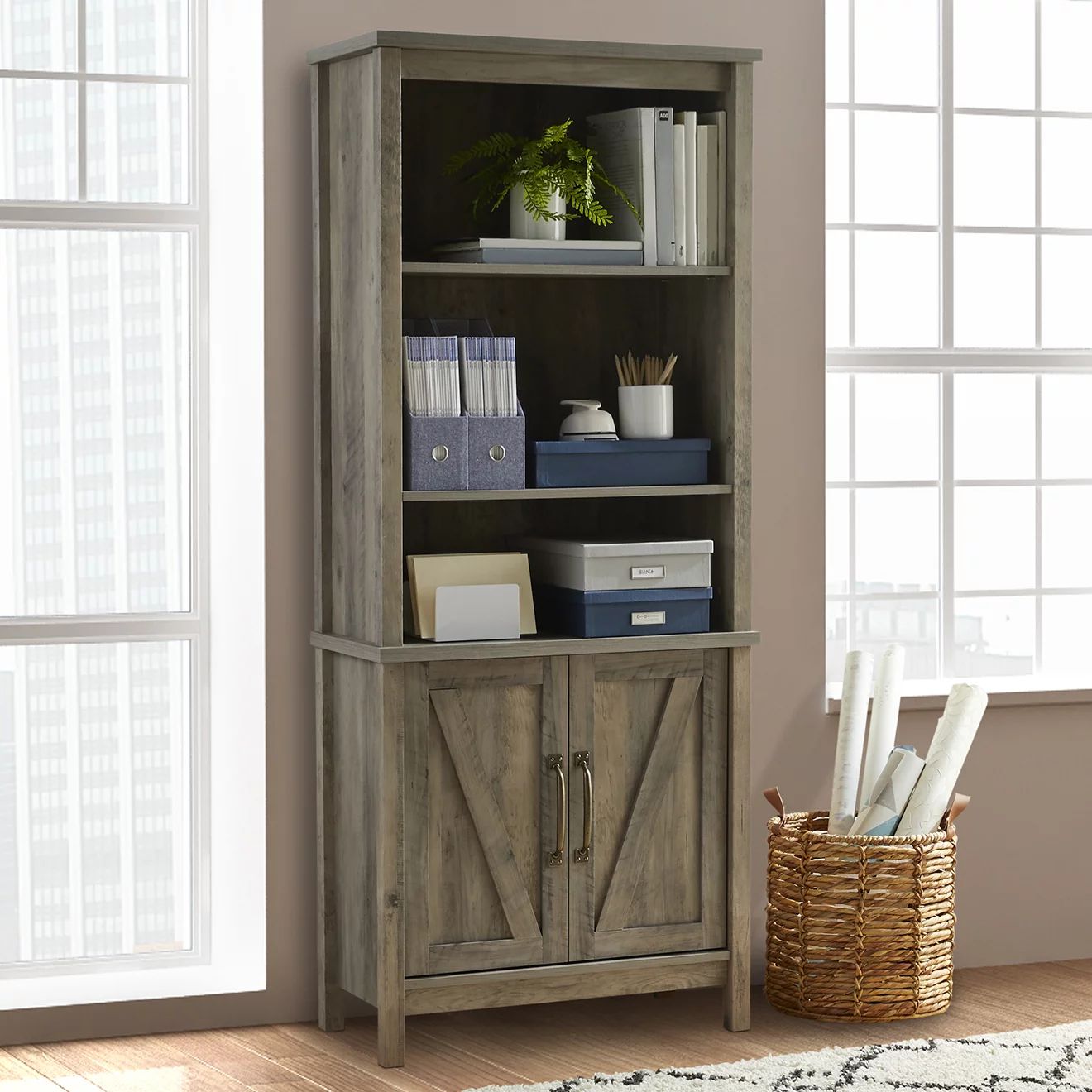 Better Homes & Gardens Modern Farmhouse Library Bookcase with Doors, Rustic Gray Finish | Walmart (US)