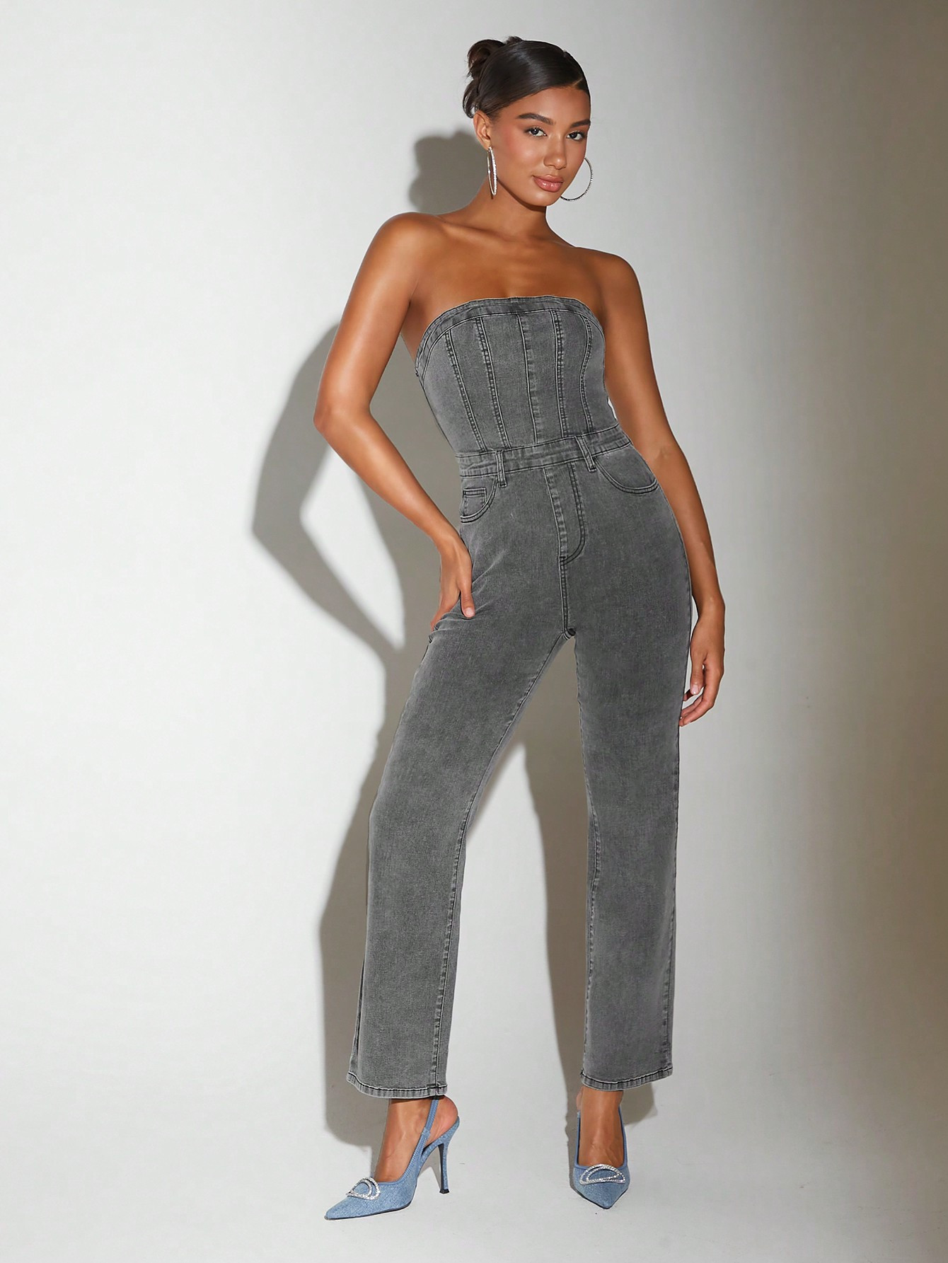 SHEIN BAE Shirred Zip Back Tube Denim Jumpsuit | SHEIN