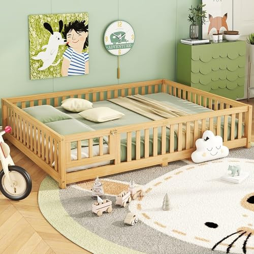 Queen Size Floor Bed with Slats and Door, Queen Size Montessori Floor Bed with Fence, No Box Spring Needed, Easy Assemble Natural | Amazon (US)